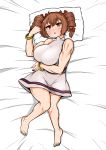  1girl absurdres bangle barefoot bed_sheet bow bracelet breasts brown_eyes brown_hair dakimakura_(medium) drill_hair full_body hair_bow highres himajin_noizu jewelry large_breasts lying nail_polish on_back on_bed pillow red_nails sleeveless solo sweat touhou twin_drills yorigami_jo&#039;on 