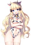  1girl :o animal_ears animal_print bangs bare_arms bare_shoulders bell black_bow blonde_hair blue_eyes blunt_bangs blush bow breasts brown_legwear cleavage commentary_request cow_ears cow_girl cow_horns cow_print crossed_arms eyebrows_visible_through_hair hair_bow horns kemonomimi_mode long_hair looking_at_viewer mauve medium_breasts navel open_mouth pointy_ears princess_connect! princess_connect!_re:dive print_swimsuit saren_(princess_connect!) simple_background solo standing swimsuit thighhighs very_long_hair white_background white_swimsuit 