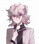  1boy adjusting_clothes alternate_hairstyle bangs black_bow black_shirt blush bow bowtie brown_eyes collarbone commentary_request danganronpa_(series) danganronpa_2:_goodbye_despair frown grey_hair grey_jacket hair_between_eyes hand_up highres jacket komaeda_nagito looking_at_viewer male_focus official_alternate_costume portrait shirt simple_background solo white_bow wonchul 