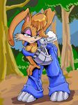  3:4 anthro archie_comics bent_over blue_eyes bodily_fluids breasts bunnie_rabbot cleavage clothed clothing cybernetics cyborg detailed_background female forest kandlin lagomorph leporid machine mammal nature outside overalls plant rabbit seductive sega solo sonic_the_hedgehog_(archie) sonic_the_hedgehog_(comics) sonic_the_hedgehog_(series) sweat teasing tree wood 