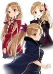  1girl :d alternate_hairstyle azuuru bangs black_cape black_dress black_skirt blonde_hair buckle cape closed_mouth coat commentary_request dress duffel_coat earrings ereshkigal_(fate/grand_order) eyebrows_visible_through_hair fate/grand_order fate_(series) frown fur-trimmed_cape fur_trim hair_ornament hair_ribbon highres infinity jewelry long_dress long_hair long_sleeves looking_at_viewer multiple_views open_mouth parted_bangs plaid plaid_scarf ponytail red_coat red_eyes red_ribbon ribbon scarf side_ponytail simple_background skirt smile sweatdrop twintails white_background 