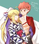  1boy 1girl abs ahoge alternate_costume artoria_pendragon_(all) artoria_pendragon_(caster) blonde_hair emiya_shirou fate/grand_order fate_(series) green_eyes hair_ornament igote japanese_clothes kimono limited/zero_over long_hair looking_at_another open_mouth orange_hair ribbon sengo_muramasa_(fate) tsuchiya_madose yellow_eyes 