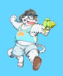  2021 anthro bawp blue_background blush bottomwear clothing eyewear felid footwear fur glasses hi_res kemono licho_(tas) male mammal pantherine sandals shirt shorts simple_background slightly_chubby solo tiger tokyo_afterschool_summoners topwear video_games white_body white_fur 