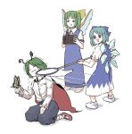  &lt;o&gt;_&lt;o&gt; 3girls animal_on_hand antennae bangs black_cape black_eyes black_pants blue_bow blue_dress blue_eyes blue_hair bow bug butterfly buttons cage cape cirno closed_eyes collared_shirt daiyousei dress fairy_wings full_body green_hair hair_bow hair_ribbon highres hitting holding holding_cage ice ice_wings insect long_sleeves looking_at_viewer motion_lines multiple_girls net open_mouth pants peroponesosu. puffy_short_sleeves puffy_sleeves red_footwear ribbon seiza shirt short_hair short_sleeves side_ponytail simple_background sitting standing touhou v-shaped_eyebrows white_background white_legwear white_shirt wings wriggle_nightbug yellow_neckwear yellow_ribbon 