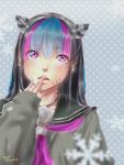  1girl artist_name bangs black_hair blue_hair collarbone commentary_request danganronpa_(series) danganronpa_2:_goodbye_despair ear_piercing earrings eyebrows_visible_through_hair fake_horns green_hair grey_hair hand_to_own_mouth hand_up heart heart_in_eye highres horns jewelry lip_piercing long_hair looking_at_viewer mioda_69ch mioda_ibuki multicolored_hair nail_polish necklace open_mouth piercing pink_eyes pink_hair polka_dot polka_dot_background sailor_collar school_uniform serafuku skirt solo sweater symbol_in_eye upper_teeth white_hair 