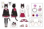  1girl animal_ear_headwear bangs bell black_hair black_headwear black_jacket bow cat_tail character_sheet eyebrows_visible_through_hair goggles goggles_on_headwear graphic_shirt hair_ornament hairclip hat jacket jewelry maru_(ruvixia) mery_(yangmalgage) official_art open_hands red_bow ring ruvixia second-party_source shirt shoes short_hair sneakers sunglasses tail virtual_youtuber white_shirt yellow_eyes 