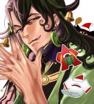  1boy :q ashiya_douman_(fate) asymmetrical_clothes asymmetrical_hair bell black_eyes black_hair bv_illust christmas curly_hair earrings evil_smile face fate/grand_order fate_(series) fingernails floating floating_object green_eyeshadow green_kimono green_lipstick green_nails hair_bell hair_between_eyes hair_intakes hair_ornament hat japanese_clothes jewelry jingle_bell kimono licking_lips lipstick long_hair looking_at_viewer magatama magatama_earrings makeup male_focus multicolored_hair open_clothes open_kimono own_hands_together ribbed_sleeves santa_hat sharp_fingernails shikigami smile solo tongue tongue_out two-tone_hair upper_body very_long_fingernails very_long_hair white_hair 