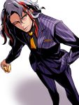  1boy black_shirt bv_illust formal glass hand_in_pocket male_focus multicolored_hair necktie odysseus_(fate/grand_order) one_eye_closed pinstripe_suit purple_suit red_hair shirt solo streaked_hair striped suit two-tone_hair white_background yellow_eyes 