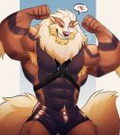  &lt;3 2021 abs anthro arcanine armpit_hair beard biceps body_hair bottomwear canid canine clothed clothing facial_hair fangs flexing fluffy fluffy_tail fur harness hi_res looking_at_viewer male mammal mane muscular muscular_anthro muscular_male nintendo one_eye_closed pecs pinup pok&eacute;mon pok&eacute;mon_(species) portrait pose quads sharp_teeth shorts smile solo speech_bubble standing teeth thediyemi three-quarter_portrait triceps video_games wink 