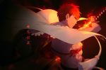  1boy blurry cape character_name cis05 depth_of_field emiya_shirou facing_away fate/grand_order fate_(series) fire holding holding_sword holding_weapon katana limited/zero_over male_focus pectorals red_hair sengo_muramasa_(fate) smile solo sword upper_body weapon white_cape wristband 