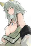  1girl animal_ears arknights between_breasts blush breasts cat_ears closed_mouth cowboy_shot dress eyebrows_visible_through_hair green_dress green_eyes hair_between_eyes highres jewelry kal&#039;tsit_(arknights) light_green_hair looking_at_viewer medium_breasts medium_hair mikojin nipples one_breast_out partially_undressed pendant see-through simple_background solo stethoscope sweat white_background 