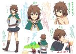  1girl antenna_hair arrow_(symbol) bangs belt blush boots brown_eyes brown_footwear brown_hair character_sheet closed_mouth collarbone commentary_request darkness_(konosuba) evil_smile fleeing frog from_behind full_body genderswap genderswap_(mtf) green_capelet hands_on_hips hands_up holding knee_boots kono_subarashii_sekai_ni_shukufuku_wo! long_sleeves looking_at_viewer megumin multiple_views pia_(5pianno) portrait satou_kazuma short_hair simple_background skirt smile solo_focus standing translation_request white_background 