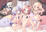  4girls absurdres ahoge animal_ear_fluff animal_ears arm_up armpits ass bandaged_leg bandages barefoot bed bell bikini blonde_hair blue_eyes blue_scarf bodysuit boots braid breasts cat_ears cat_tail choker diona_(genshin_impact) feet floating frilled_bikini frills genshin_impact green_eyes hair_ornament hairclip halo highres holding_hands jingle_bell klee_(genshin_impact) kneeling legs long_braid long_hair low_twintails lr_(last_remote_514) multiple_girls ofuda open_mouth paimon_(genshin_impact) pillow pink_eyes ponytail purple_eyes purple_hair qiqi ribbon scarf short_hair side_ponytail silver_hair single_thighhigh sitting small_breasts smile soles striped striped_bikini stuffed_toy swimsuit tail thighhighs thighs toes topknot twintails waving white_bikini white_bodysuit white_footwear white_legwear 