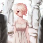  asymmetrical_bangs asymmetrical_hair bangs breasts closed_mouth crowd dress hatsukanezumi_no_jikan highres looking_at_viewer miura-n315 one_eye_covered pink_hair red_eyes short_hair sonokura_mei 