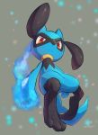  closed_mouth commentary energy frown full_body gen_4_pokemon grey_background highres looking_at_viewer nullma pokemon pokemon_(creature) red_eyes riolu shiny signature solo toes 