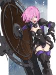  1girl absurdres armor armored_boots armored_leotard bangs black_armor black_footwear black_gloves black_leotard boots breasts cleavage eyebrows_behind_hair fate/grand_order fate_(series) gloves gorget groin hair_between_eyes highres holding holding_shield leotard looking_at_viewer mash_kyrielight medium_breasts open_mouth ortenaus pink_hair pretty-purin720 purple_eyes purple_legwear shield short_hair snow snowing solo teeth thigh_gap thighhighs thighs 