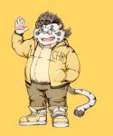  2021 anthro bawp belly bottomwear clothing eyewear felid fur glasses hi_res humanoid_hands kemono licho_(tas) male mammal overweight overweight_anthro overweight_male pantherine pants shirt simple_background solo tiger tokyo_afterschool_summoners topwear video_games white_body white_fur yellow_background 