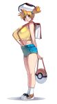 1girl alternate_breast_size arms_behind_back backpack bag bangs bare_arms bare_legs blue_eyes breasts closed_mouth commentary_request cropped_shirt denim denim_shorts full_body gym_leader highres holding huge_breasts impossible_clothes looking_at_viewer masao medium_hair misty_(pokemon) object_on_head orange_hair parted_bangs pokemon pokemon_(anime) pokemon_(classic_anime) randoseru shiny shiny_skin shirt shoes short_shorts shorts side_ponytail simple_background sleeveless sleeveless_shirt smile socks solo stomach white_background 