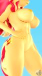  3d_(artwork) 9:16 anthro big_breasts blue_background breasts digital_media_(artwork) equestria_girls equid equine female flushthebatsanta genitals hand_on_hip hasbro hi_res mammal my_little_pony nipples nude pussy simple_background solo sunset_shimmer_(eg) yellow_body 