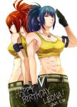  abs bare_shoulders belt biceps black_gloves blue_eyes blue_hair breasts camouflage camouflage_pants dark_persona dated dog_tags earrings gloves highres itsuho_(panel11) jewelry leona_heidern midriff multiple_persona muscular muscular_female navel orochi_leona pants ponytail pouch red_hair salute tank_top the_king_of_fighters the_king_of_fighters_xiv the_king_of_fighters_xv triangle_earrings yellow_tank_top 
