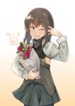  1girl artist_logo bouquet brown_eyes brown_hair commentary_request cowboy_shot dated flat_chest flower gradient gradient_background grey_skirt highres kantai_collection ld_(luna_dial398) looking_at_viewer one_eye_closed pleated_skirt shrug_(clothing) skirt smile solo taihou_(kantai_collection) white_background 