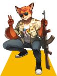  2021 absurd_res anthro canid canine clothed clothing eyewear fox fur gun hi_res holding_object male mammal navel pgm300 ranged_weapon simple_background solo standing sunglasses weapon 