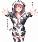  1girl alternate_costume animal_print black_hoodie black_legwear blush breasts cleavage commentary cow_hood cow_print cowboy_shot heterochromia highres hololive hood hood_up hoodie houshou_marine looking_at_viewer medium_breasts medium_hair open_mouth orange_eyes outstretched_arms red_eyes red_hair simple_background smile solo thighhighs translated two-tone_hoodie virtual_youtuber white_background white_hoodie white_legwear xkirara39x zettai_ryouiki 