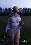  3d_(artwork) anthro auroraweaver bottomwear breasts clothed clothing clothing_lift collar digital_media_(artwork) dragon female genitals hi_res looking_at_viewer nipple_outline outside partially_clothed pussy scalie skirt skirt_lift sky solo 