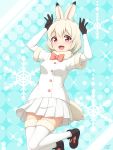  1girl :d absurdres animal_ears arms_up bangs black_footwear boots bow bow_footwear bowtie bunny_ears bunny_girl bunny_pose bunny_tail commentary fur-trimmed_legwear fur-trimmed_sleeves fur_collar fur_trim gloves highres jumping kemono_friends looking_at_viewer mountain_hare_(kemono_friends) open_mouth patterned_background pink_bow pink_neckwear pleated_skirt red_eyes shiraha_maru short_hair short_sleeves signature simple_background skirt smile snowflake_background solo tail thighhighs white_hair white_legwear white_skirt zettai_ryouiki 