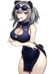  1girl :d absurdres animal_ears arknights armpit_crease bare_arms bare_shoulders black_dress breast_hold breasts china_dress chinese_clothes cleavage cleavage_cutout clothing_cutout cowboy_shot dress eyewear_on_head feater_(arknights) grey_hair highres large_breasts long_hair looking_at_viewer molyb multicolored_hair no_jacket no_panties open_mouth orange_eyes panda_ears panda_girl panda_tail pelvic_curtain round_eyewear simple_background sleeveless sleeveless_dress smile solo standing streaked_hair sunglasses thighs white_background 