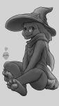  9:16 anthro boss_monster bovid caprine claws clothing crossed_legs deltarune eyewear feet glasses goat hat headgear headwear hi_res male mammal monochrome pawpads paws ralsei robe scarf signature sitting smile solo undertale video_games yanidesu 