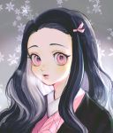  1girl akiko_141 bangs bit_gag black_hair blush breath face forehead gag grey_hair hair_ribbon highres japanese_clothes kamado_nezuko kimetsu_no_yaiba kimono lips long_hair looking_at_viewer multicolored_hair open_mouth pale_skin pink_eyes pink_kimono pink_ribbon portrait ribbon snowflake_print solo upper_body upper_teeth 