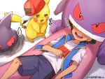  ... 1boy ash_ketchum black_hair blue_jacket blush character_pillow chitozen_(pri_zen) commentary_request gen_1_pokemon gengar grey_shorts hand_on_own_stomach jacket knees lying male_focus on_back open_mouth pikachu pokemon pokemon_(anime) pokemon_swsh_(anime) shirt short_hair short_sleeves shorts sleeveless sleeveless_jacket spoken_ellipsis t-shirt teeth tongue white_shirt 