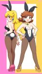  2girls :d :o alternate_costume animal_ears arm_at_side ass back bare_shoulders black_leotard blonde_hair blue_eyes bow bowtie breasts brooch brown_hair brown_legwear bunny_ears bunny_tail cleavage collarbone covered_navel detached_collar earrings eyebrows_visible_through_hair fake_animal_ears flipped_hair flower_earrings from_behind full_body hands_on_hips high_heels highres jewelry legs_apart legs_together leotard long_hair looking_away looking_to_the_side mario_(series) medium_breasts multicolored_leotard multiple_girls open_mouth pantyhose pink_footwear playboy_bunny princess_daisy princess_peach shoes short_hair sideways_mouth smile standing strapless strapless_leotard tail takahashi_umori thigh_gap two-tone_leotard very_long_hair white_leotard wrist_cuffs yellow_bow yellow_footwear yellow_neckwear 