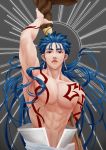  1boy abs absurdres arm_up armpits blue_hair bodypaint closed_mouth cu_chulainn_(fate)_(all) cu_chulainn_(fate/grand_order) earrings fate/grand_order fate_(series) floating_hair gomyoa highres holding holding_staff jewelry long_hair looking_at_viewer male_focus multiple_piercings muscular nipples red_eyes shirtless solo spiked_hair staff sun type-moon wooden_staff 