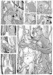  2021 anthro balls belly big_penis butt canid canine canis clothing comic detailed_background domestic_dog duo erection furronika genitals greyscale hi_res hug hugging_from_behind humanoid_genitalia humanoid_hands humanoid_penis long_penis male male/male mammal monochrome musclegut nipples outside penis swimwear tongue tongue_out undressing ursid vein veiny_arms veiny_muscles veiny_penis 