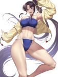  1girl arm_up armpits bangs bare_shoulders bikini black_hair blue_bikini blue_eyes blunt_bangs blush breasts collarbone commentary_request eyebrows_visible_through_hair fate/grand_order fate_(series) groin highres impossible_clothes impossible_swimsuit jacket jacket_over_swimsuit large_breasts long_hair looking_at_viewer midriff nasaniliu navel off_shoulder open_mouth parted_bangs side_ponytail sidelocks simple_background sleeves_past_wrists smile solo swimsuit upper_teeth ushiwakamaru_(fate/grand_order) ushiwakamaru_(swimsuit_assassin)_(fate) very_long_hair white_background yellow_jacket 