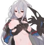  1girl arknights arm_cuffs ascot black_cloak black_gloves black_neckwear breasts breasts_outside cloak commentary dal-gi gloves hair_between_eyes korean_commentary large_breasts long_hair looking_at_viewer midriff nipples no_hat no_headwear parted_lips red_eyes silver_hair simple_background skadi_(arknights) skindentation solo strap stuffed_orca upper_body white_background 