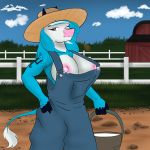  1:1 anthro areola big_breasts bodily_fluids bovid bovine breasts bucket cattle clothed clothing farm farmer female hi_res lactating looking_at_viewer mammal nipple_slip nipples one_eye_closed outside ruanshi solo wink winking_at_viewer 