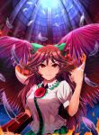 1girl arm_cannon arm_up artist_name bird_wings breasts brown_hair clenched_hand commentary_request day dome expressionless feathered_wings feathers fire furrowed_eyebrows green_skirt hair_ribbon highres indoors long_hair looking_at_viewer medium_breasts puffy_short_sleeves puffy_sleeves red_eyes redrawn reiuji_utsuho ribbon shirt short_sleeves skirt solo standing third_eye torinosuke touhou upper_body very_long_hair weapon white_shirt wings 
