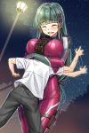  1boy 1girl between_breasts bodysuit breast_smother breasts brown_hair closed_eyes face_to_breasts green_hair head_between_breasts height_difference highres hug kotatsu_(kotatsu358) large_breasts ninja original skin_tight smile 