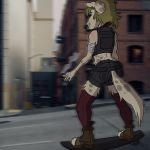  1:1 anthro boots borzoi canid canine canis cigarette city clothing domestic_dog ear_piercing ear_ring facial_piercing female footwear hi_res hunting_dog legwear longboard mammal nooks nose_piercing piercing septum_piercing sighthound skateboard slice_of_life solo street thigh_highs 