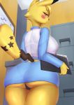  absurd_res anthro big_breasts big_butt blonde_hair blush bottomwear breasts butt butt_focus celeste_(roughfluff) cleft_tail clothed clothing female genitals hair hi_res looking_at_viewer looking_back nintendo office_lady omega56 pikachu pok&eacute;mon pok&eacute;mon_(species) presenting presenting_hindquarters pussy shirt skirt solo thick_thighs topwear underwear upskirt video_games yellow_body 