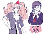  3girls bangs black_bra black_neckwear blue_eyes bow bra breasts bunny_hair_ornament collarbone commentary cosplay cropped_torso danganronpa:_trigger_happy_havoc danganronpa_(series) english_commentary enoshima_junko enoshima_junko_(cosplay) freckles fukawa_touko glasses grin hair_bow hair_ornament hand_on_hip ikusaba_mukuro long_hair long_sleeves looking_at_viewer medium_breasts multiple_girls nail_polish neckerchief necktie red_bow red_nails sailor_collar school_uniform shirt simple_background sketch smile sozzaydr spoilers sweatdrop twintails underwear white_neckwear wide-eyed 