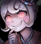  1girl bangs black_background blonde_hair blush_stickers bow commentary crown danganronpa_(series) danganronpa_2:_goodbye_despair face finger_to_own_chin green_bow grin hair_bow hair_ornament highres japanese_clothes kimono long_hair looking_at_viewer official_style saionji_hiyoko simple_background smile solo sozzaydr twintails 