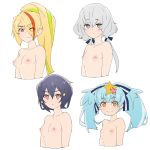  4girls aqua_eyes areolae bangs blonde_hair blue_eyes breasts collarbone eyebrows_visible_through_hair green_hair grey_hair hair_between_eyes highres long_hair low_twintails medium_breasts multicolored_hair multiple_girls nipples nude onsen_tamago_(hs_egg) purple_hair red_eyes red_hair short_eyebrows short_hair simple_background small_breasts smile streaked_hair twintails upper_body white_background yellow_eyes zombie_land_saga 