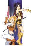  2girls :o ;d absurdres aqua_eyes back-to-back bare_shoulders black_hair black_ribbon blonde_hair blue_shorts boots breasts bright_pupils brown_footwear brown_vest calamity_jane_(fate/grand_order) clothing_cutout detached_sleeves diamond_cutout earrings eyebrows_visible_through_hair facial_hair fate/grand_order fate_(series) finger_on_trigger fringe_trim full_body grey_legwear gun hair_intakes hair_ribbon high_heel_boots high_heels highres holding holding_gun holding_weapon holster holstered_weapon hoop_earrings ishtar_(fate)_(all) jewelry katana kneehighs long_hair long_sleeves looking_at_viewer medium_breasts multicolored_hair multiple_girls one_eye_closed one_knee open_mouth outstretched_arms ponytail pretty-purin720 red_eyes red_hair ribbon sheath sheathed shorts single_detached_sleeve single_kneehigh skindentation smile space_ishtar_(fate) standing star_(symbol) sword teeth thigh_strap thighhighs tiara tiptoes two-tone_hair two_side_up very_long_hair vest weapon white_legwear yellow_footwear yellow_shorts yellow_vest 