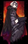  1girl ahoge armor armored_dress bangs black_cape black_dress black_legwear blood blood_on_face bloody_clothes cape dress eyebrows_visible_through_hair fate/grand_order fate_(series) from_side full_body fur-trimmed_cape fur_trim hair_between_eyes headpiece jeanne_d&#039;arc_(alter)_(fate) jeanne_d&#039;arc_(fate)_(all) kamei_(yamatomo24) short_hair silver_hair sketch solo thighhighs yellow_eyes 