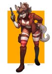  2021 absurd_res anthro breasts canid canine clothing female fur gun hair hi_res holding_object looking_at_viewer mammal pgm300 ranged_weapon simple_background solo weapon 