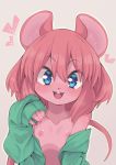  2020 anthro areola big_eyes biped blue_eyes clothed clothing female flat_chested front_view fur hair half-length_portrait hi_res kemono looking_at_viewer mammal mouse murid murine nipples open_clothing open_mouth open_smile partially_clothed pink_areola pink_body pink_fur pink_hair pink_nipples pink_nose portrait rodent short_hair smile solo teeth youki029 young 